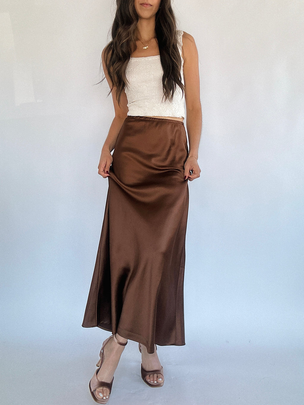 Follow On Satin Midi Skirt