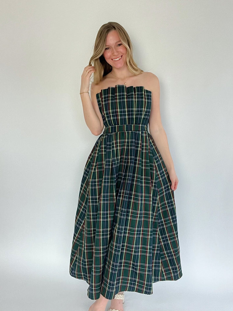 Etta Strapless Plaid Midi Dress - Green