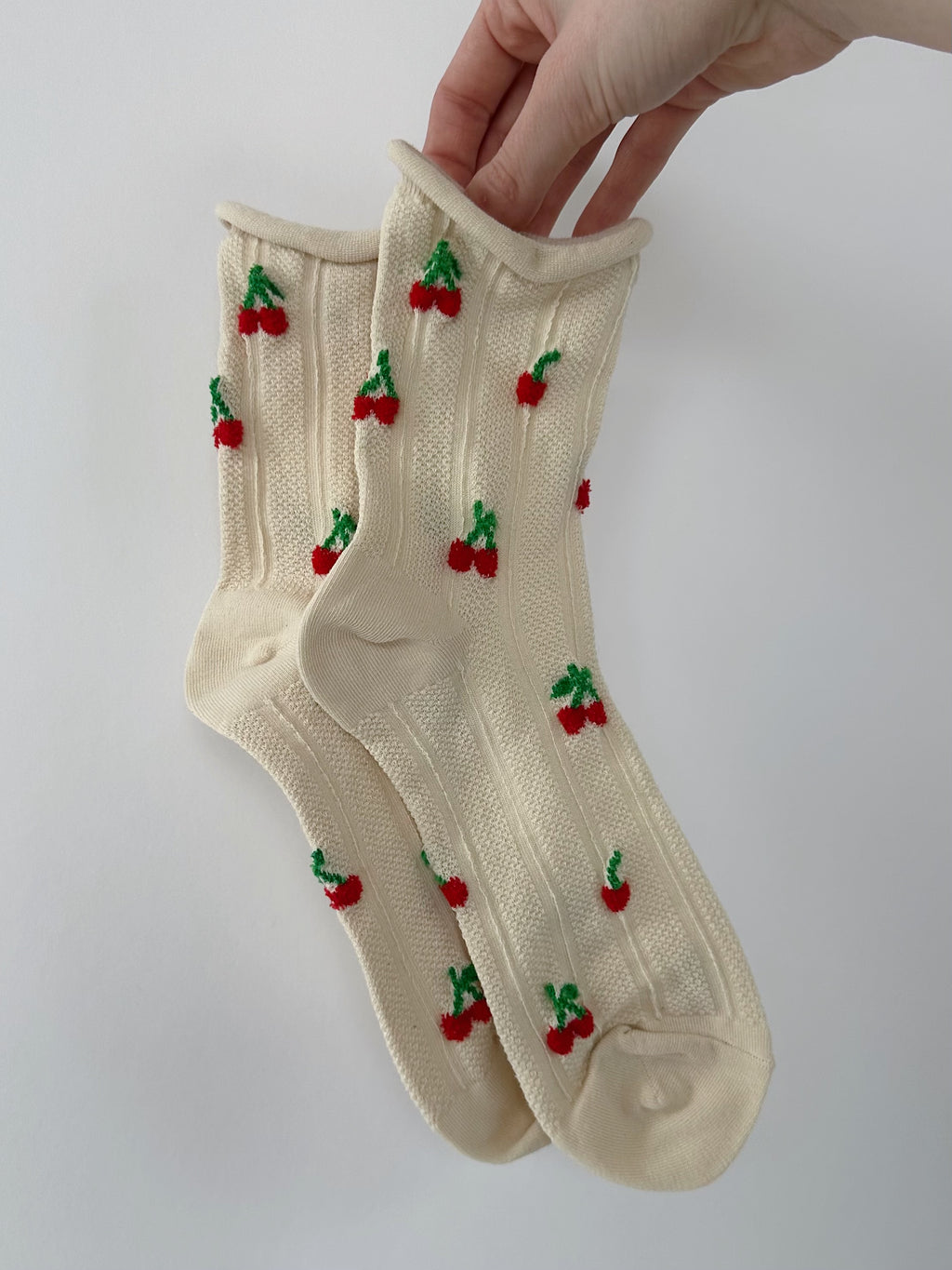 Cherry Embroidered Socks - Beige