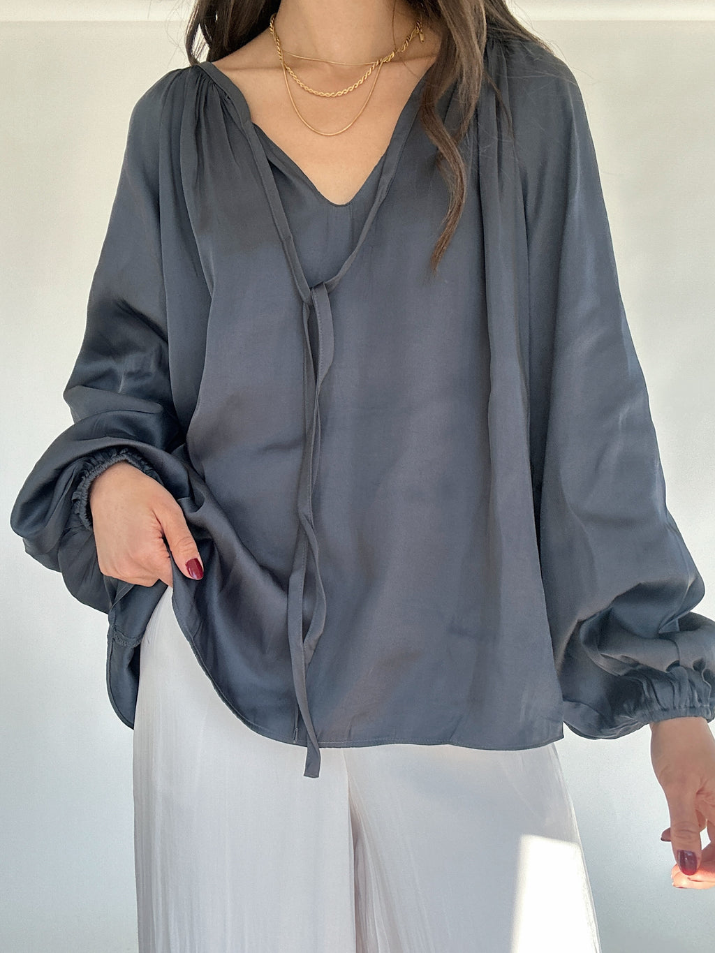 Way Back Satin Top - Charcoal