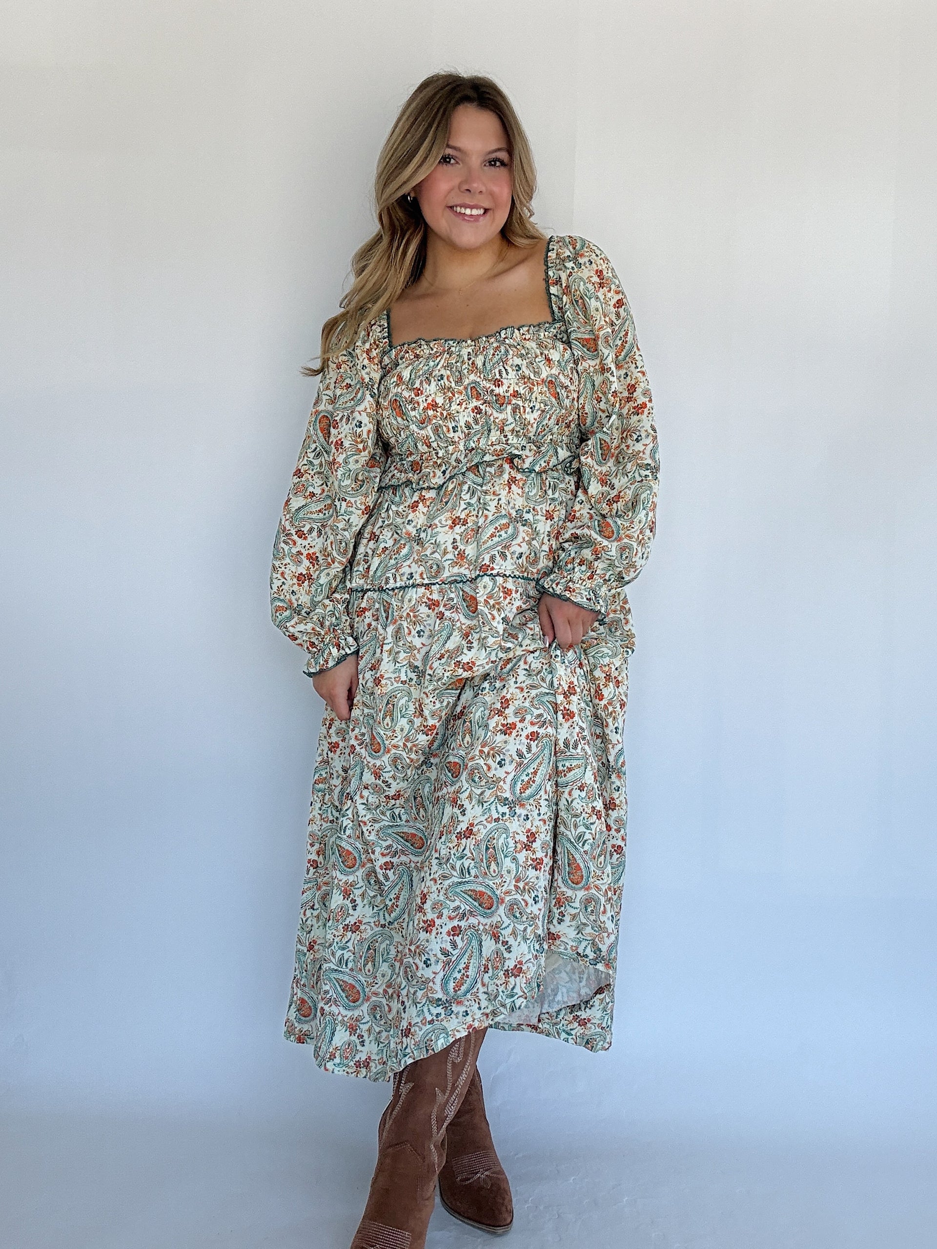 blue paisley print maxi dress Blue Paisley Print Smocked Tiered Maxi Dress Small