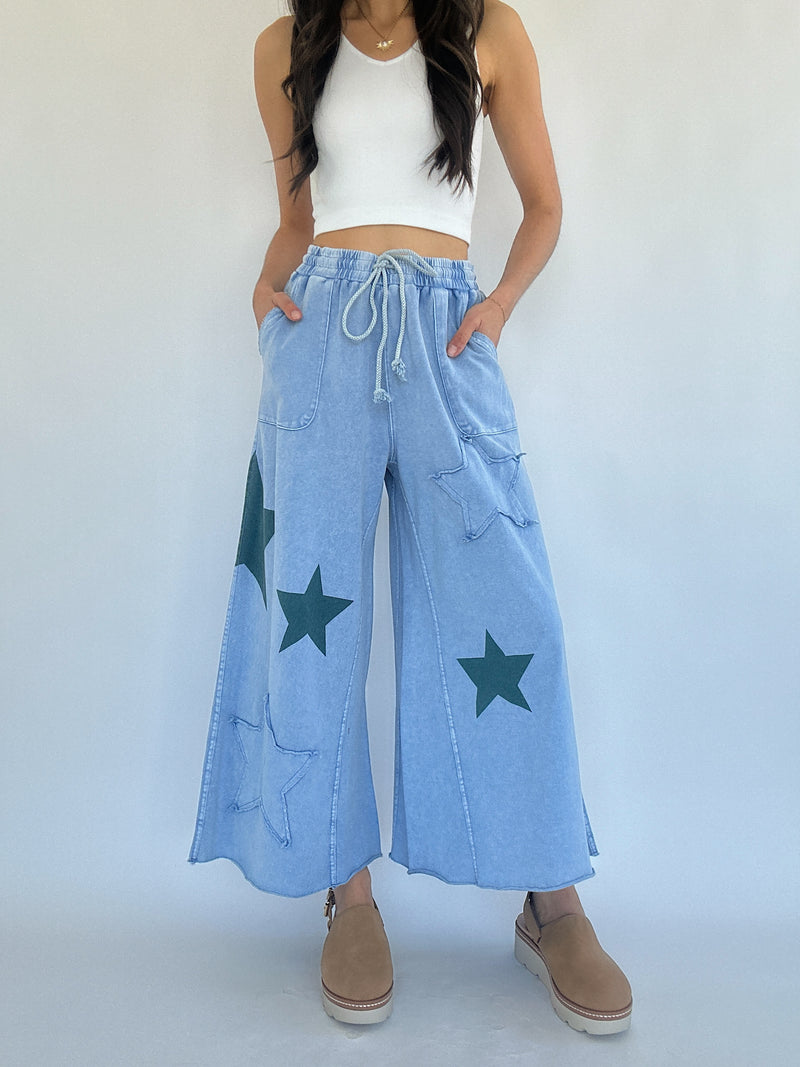 Starred Wide Leg Pants - Blue