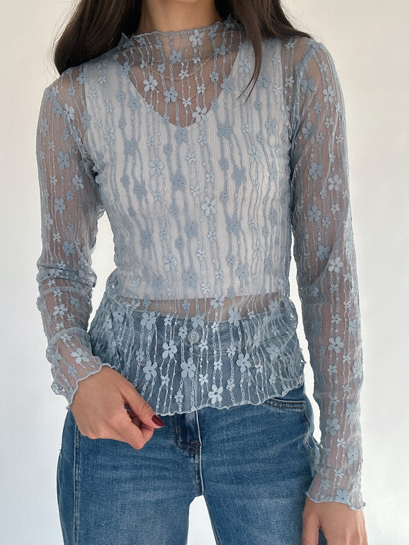 Twin Flame Sheer Lace Top - Blue