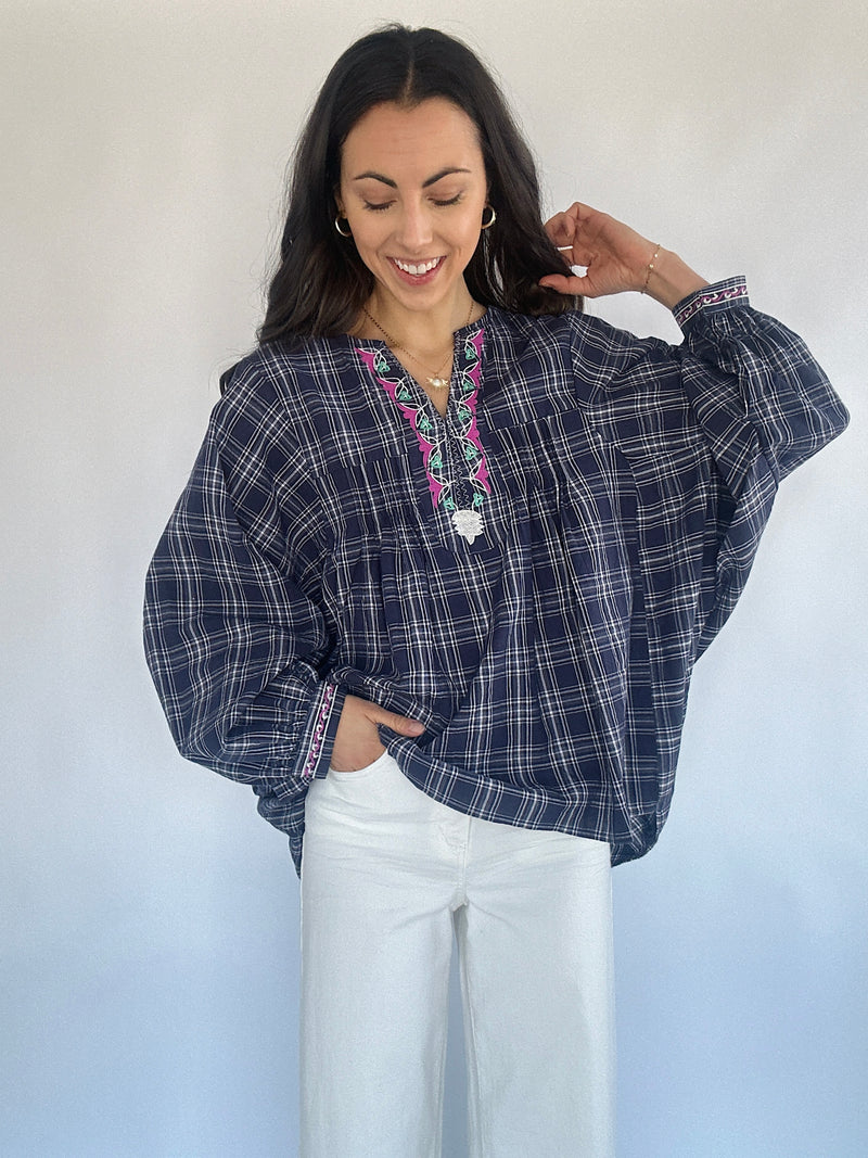 Blameless Plaid Embroidered Top