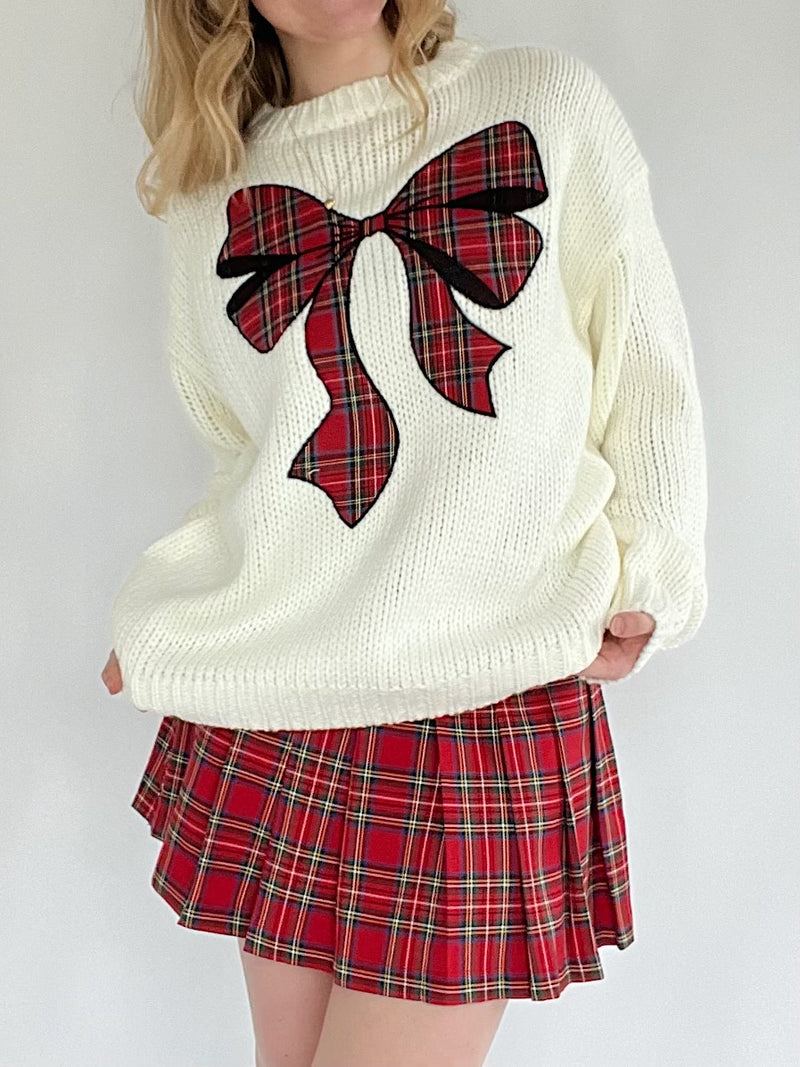 Mariah Plaid Bow Sweater - White