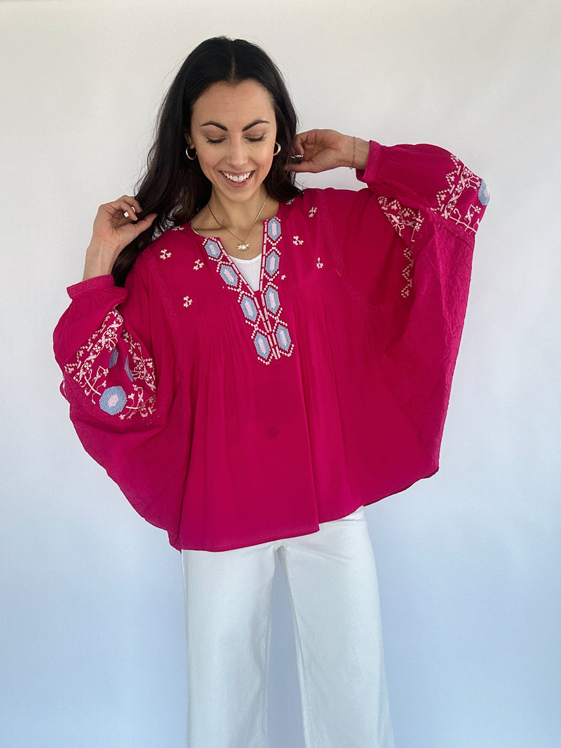 Duet Embroidered Top - Magenta