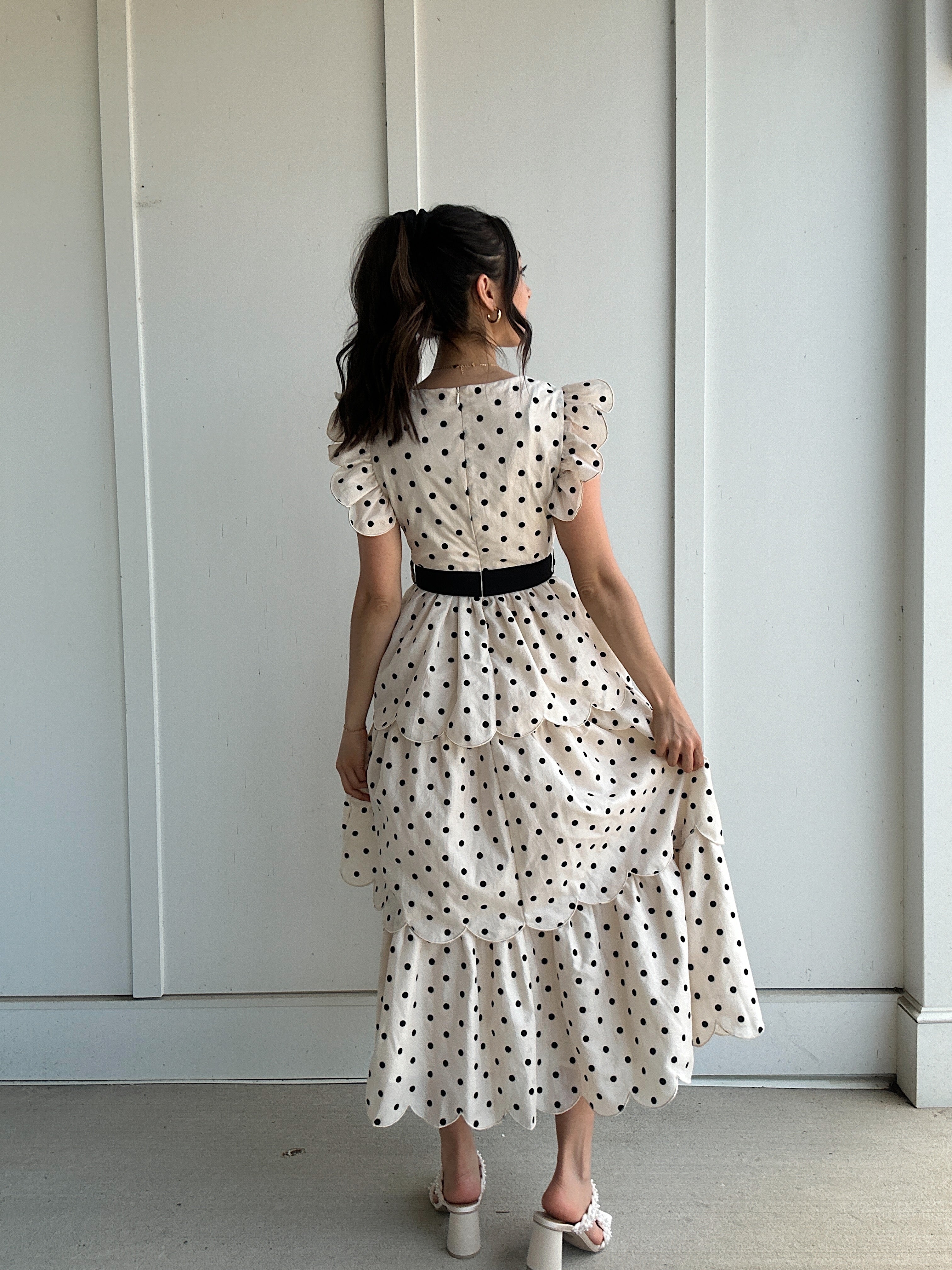 white dress blue polka dots Ivory and Dot Halter Midi | Womens | Large | 100% Cotton This effortless daytime silhouette features short puffed elastic sleeves Navy Blue & White Polka