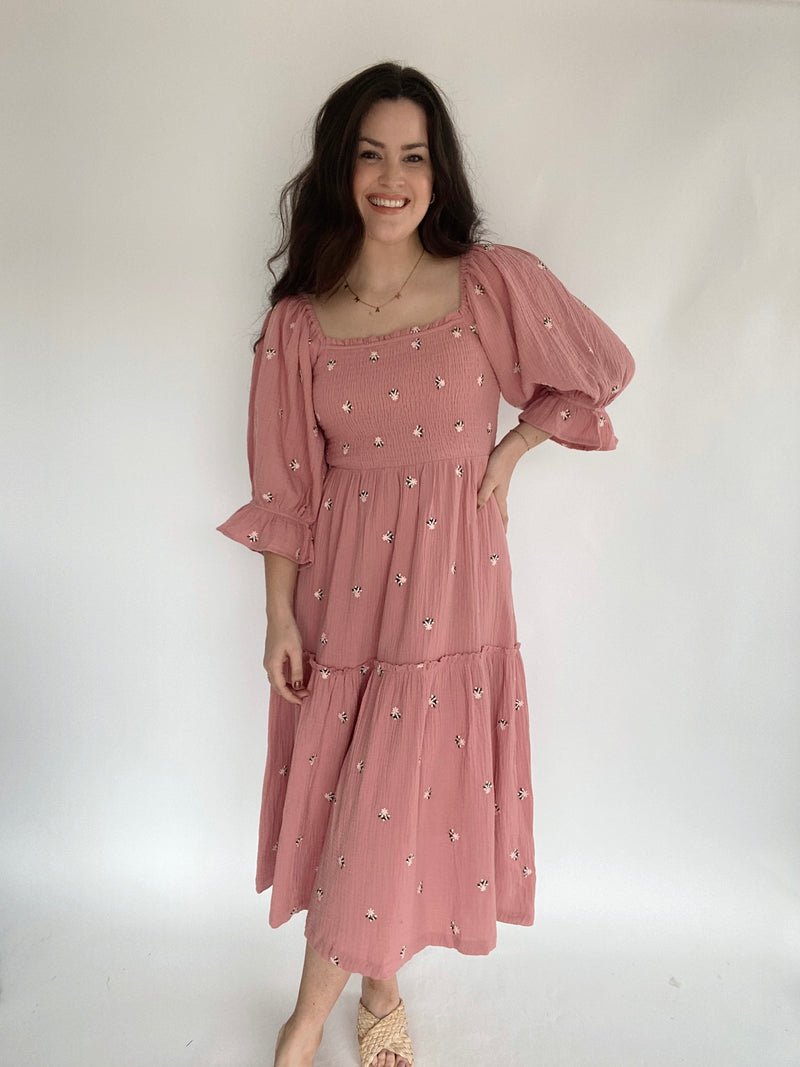 Ophelia Embroidered Dress - Rose