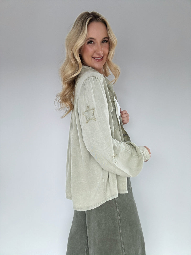Star Patched Button Down - Sage
