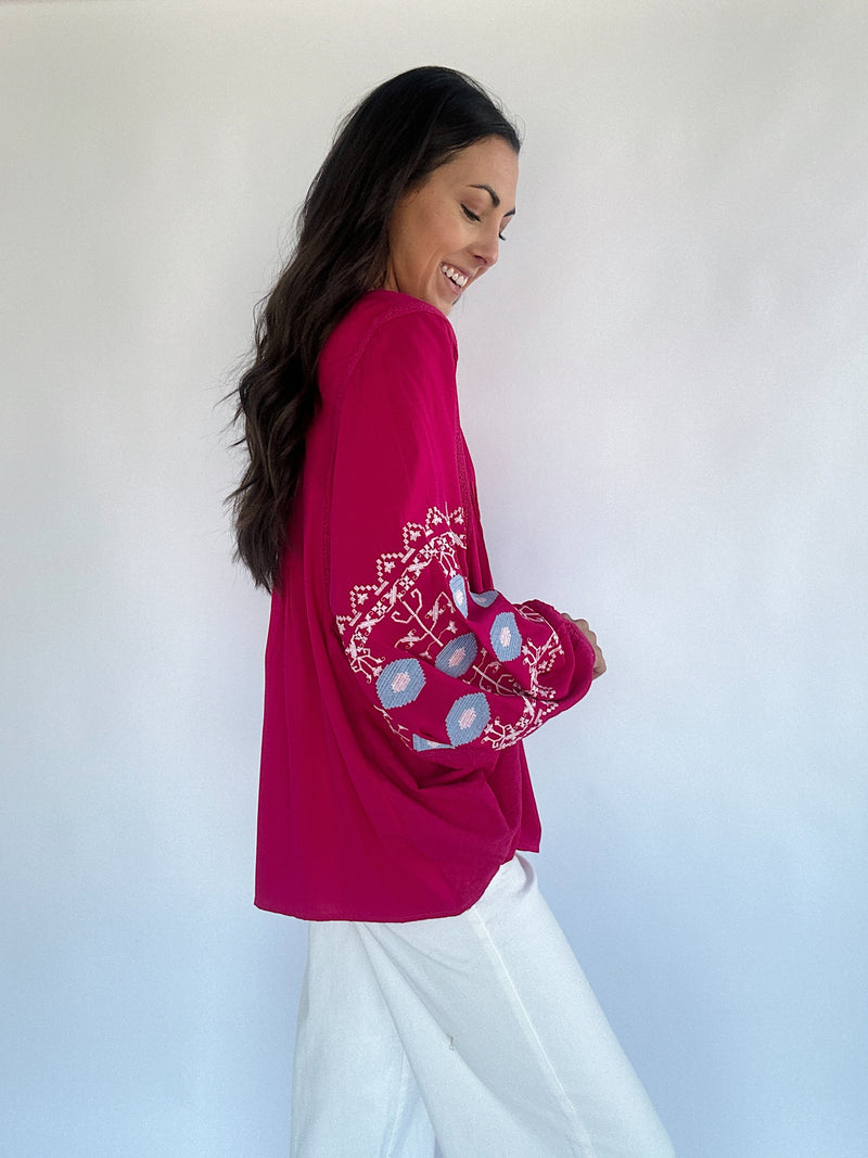 Duet Embroidered Top - Magenta