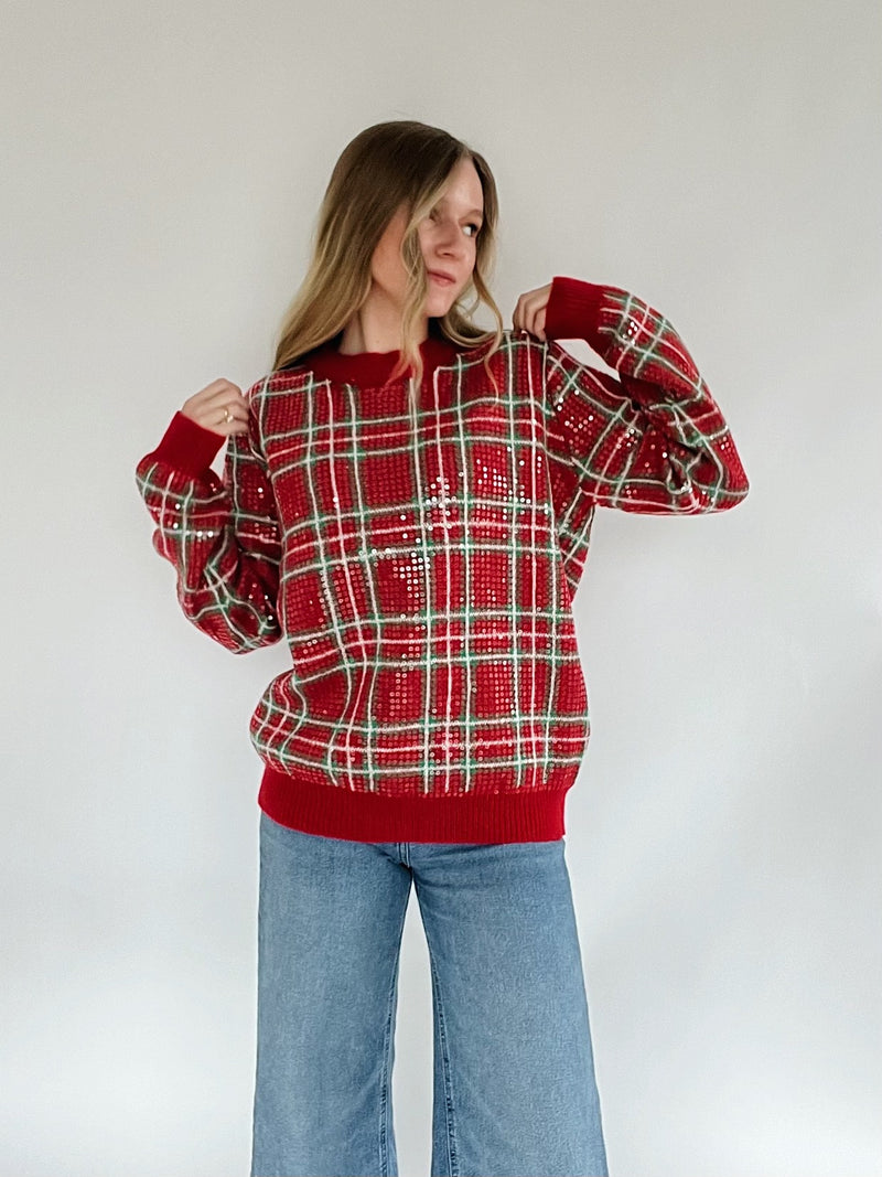 Sequin Plaid Sweater