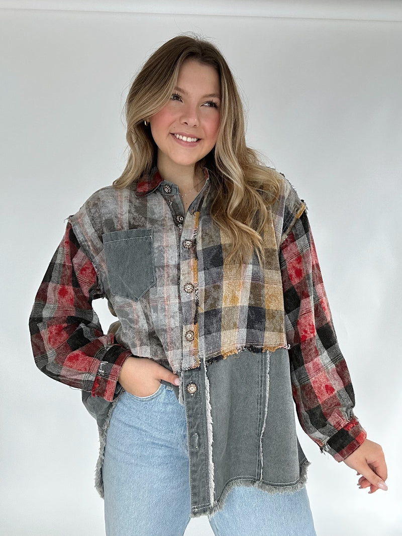 Going There Plaid And Denim Top