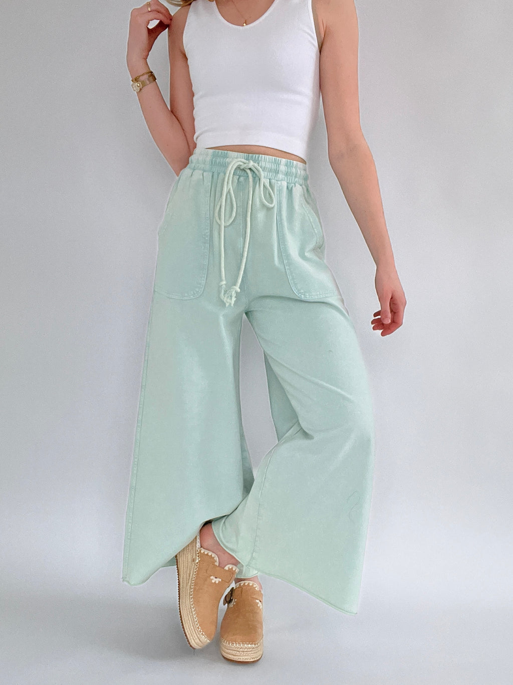 Back Seat Driver Wide Leg Pants - Mint Cream