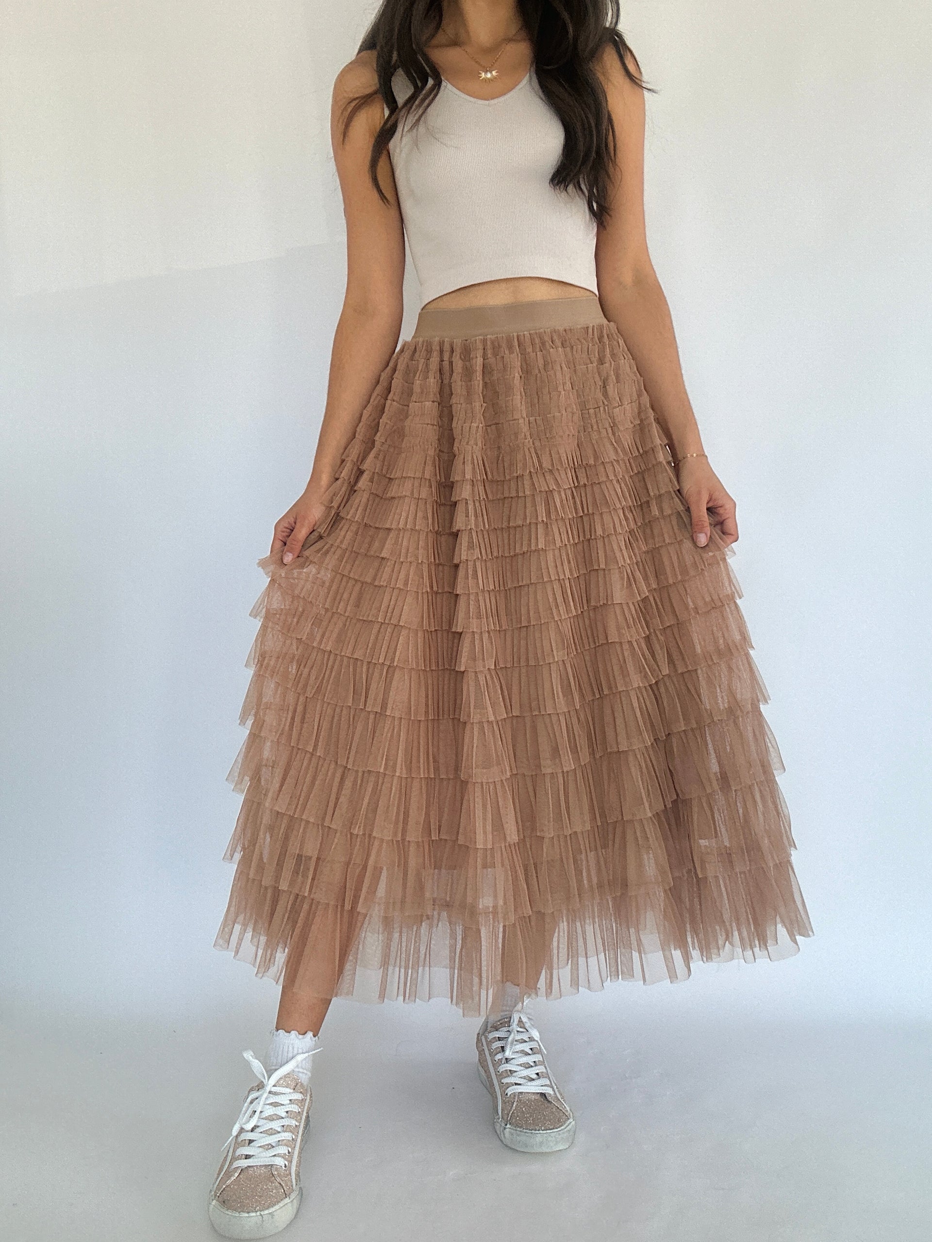 Joyful Tiered Tulle Skirt Khaki