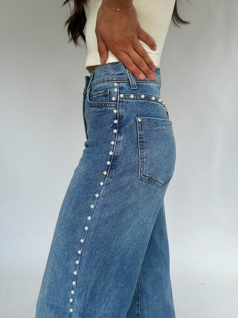 Pearl Studded Wide Leg Jeans