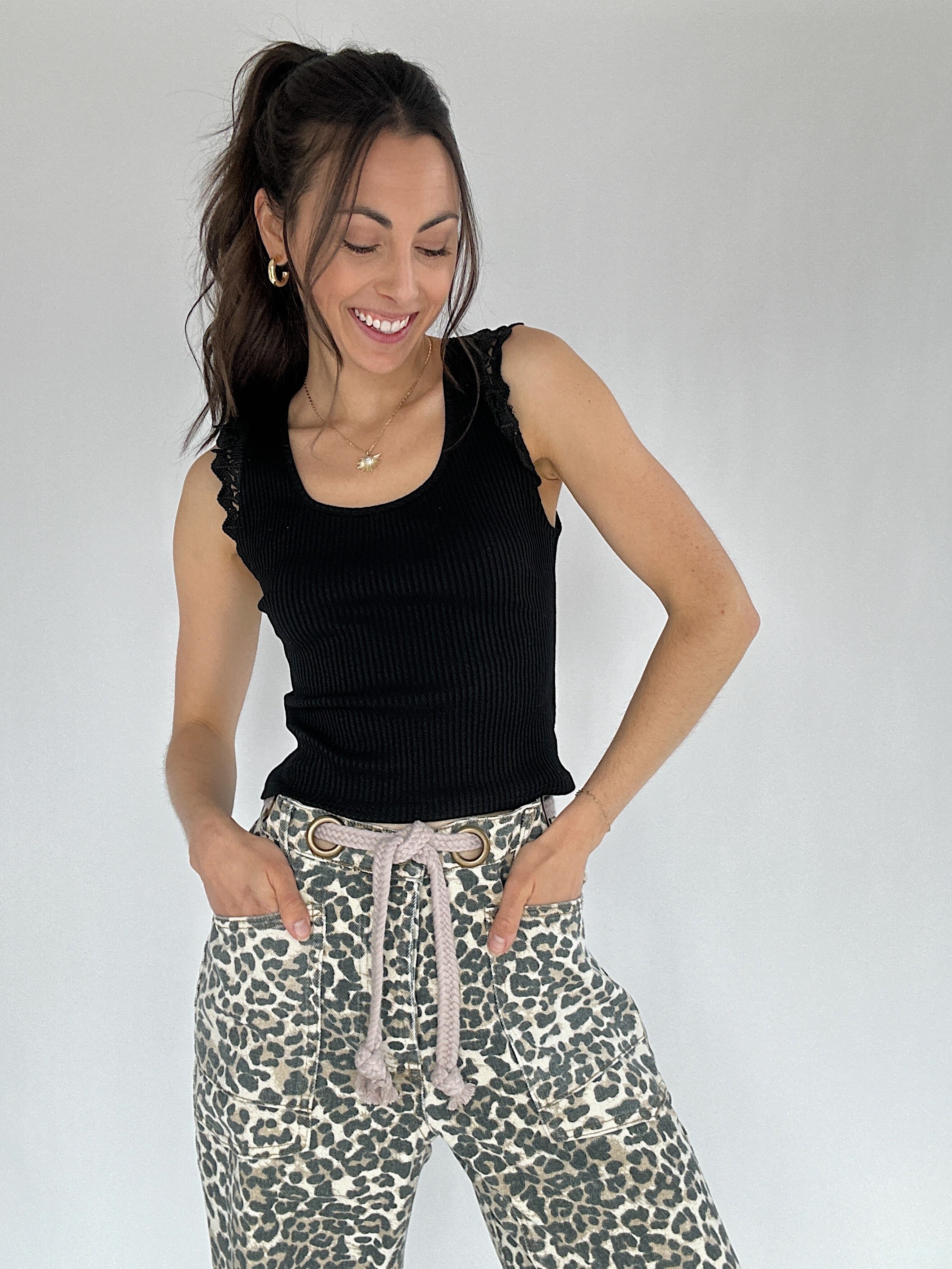 Allie Ribbed Knit Tank Black Front