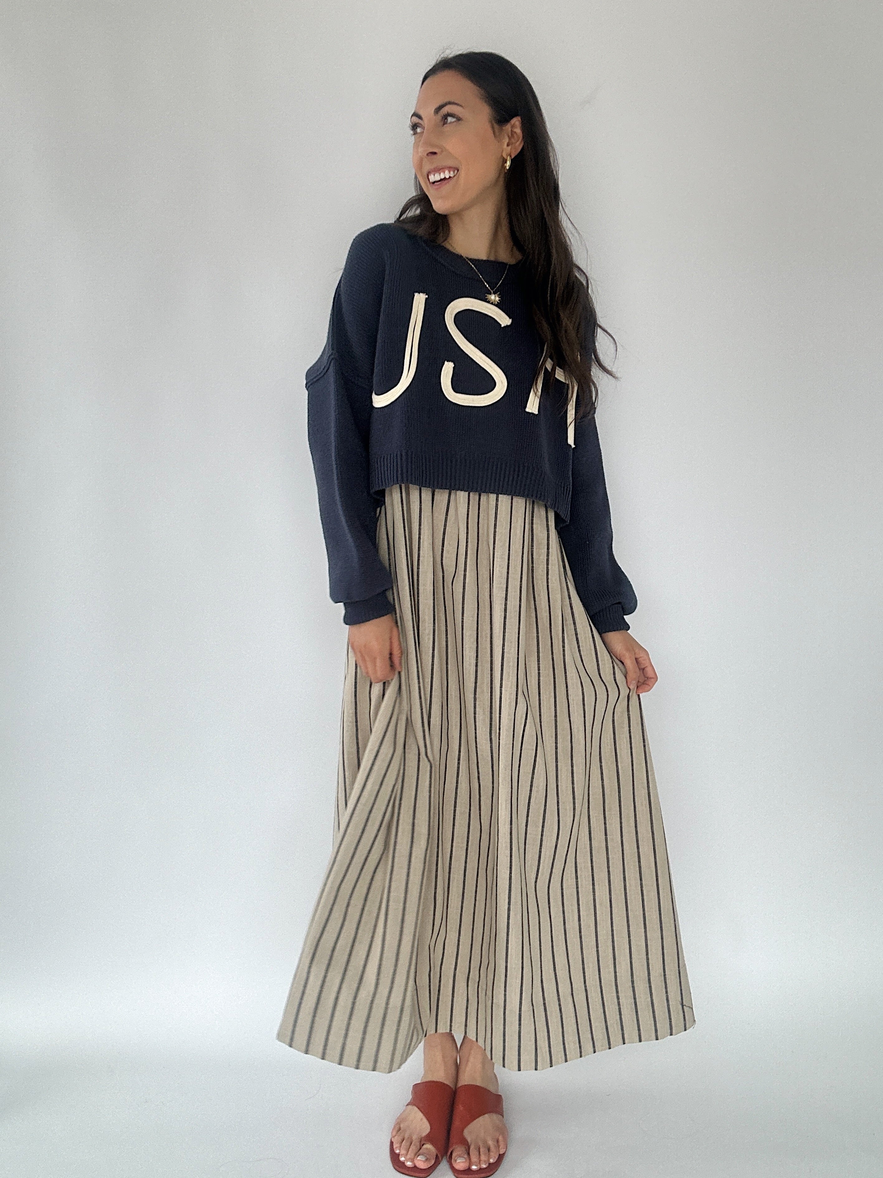 Avery Striped Maxi Dress With USA Sweater Layered On Top