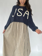 Avery Striped Maxi Dress With USA Sweater On Top