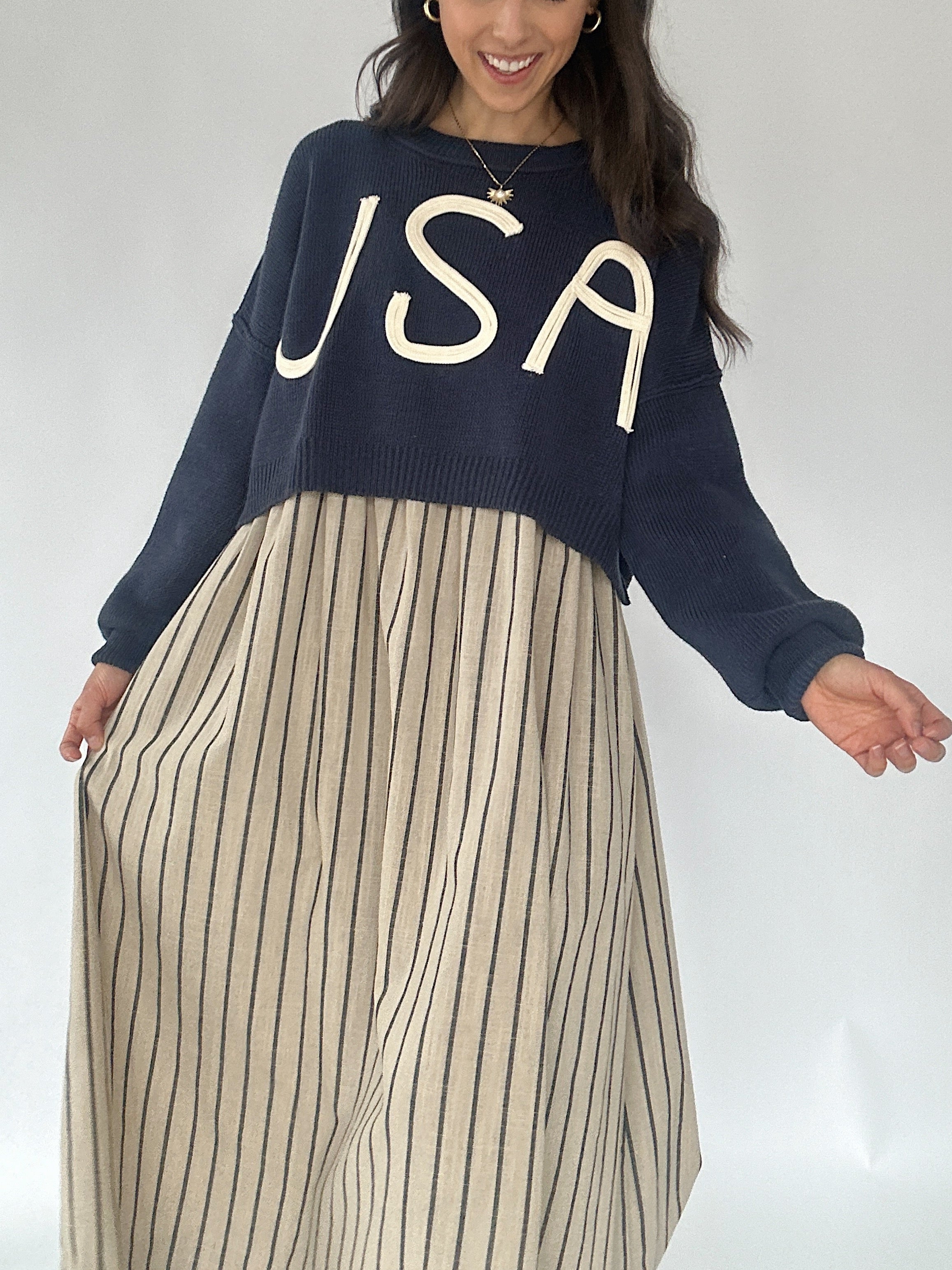 Avery Striped Maxi Dress With USA Sweater On Top