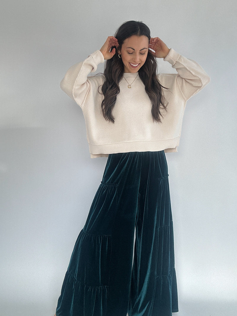 Forest Velvet Wide Leg Pants - Green