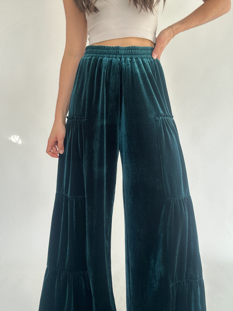 Forest Velvet Wide Leg Pants - Green