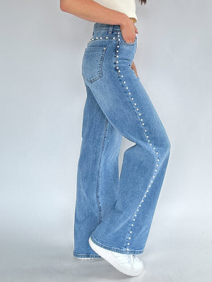 Pearl Studded Wide Leg Jeans