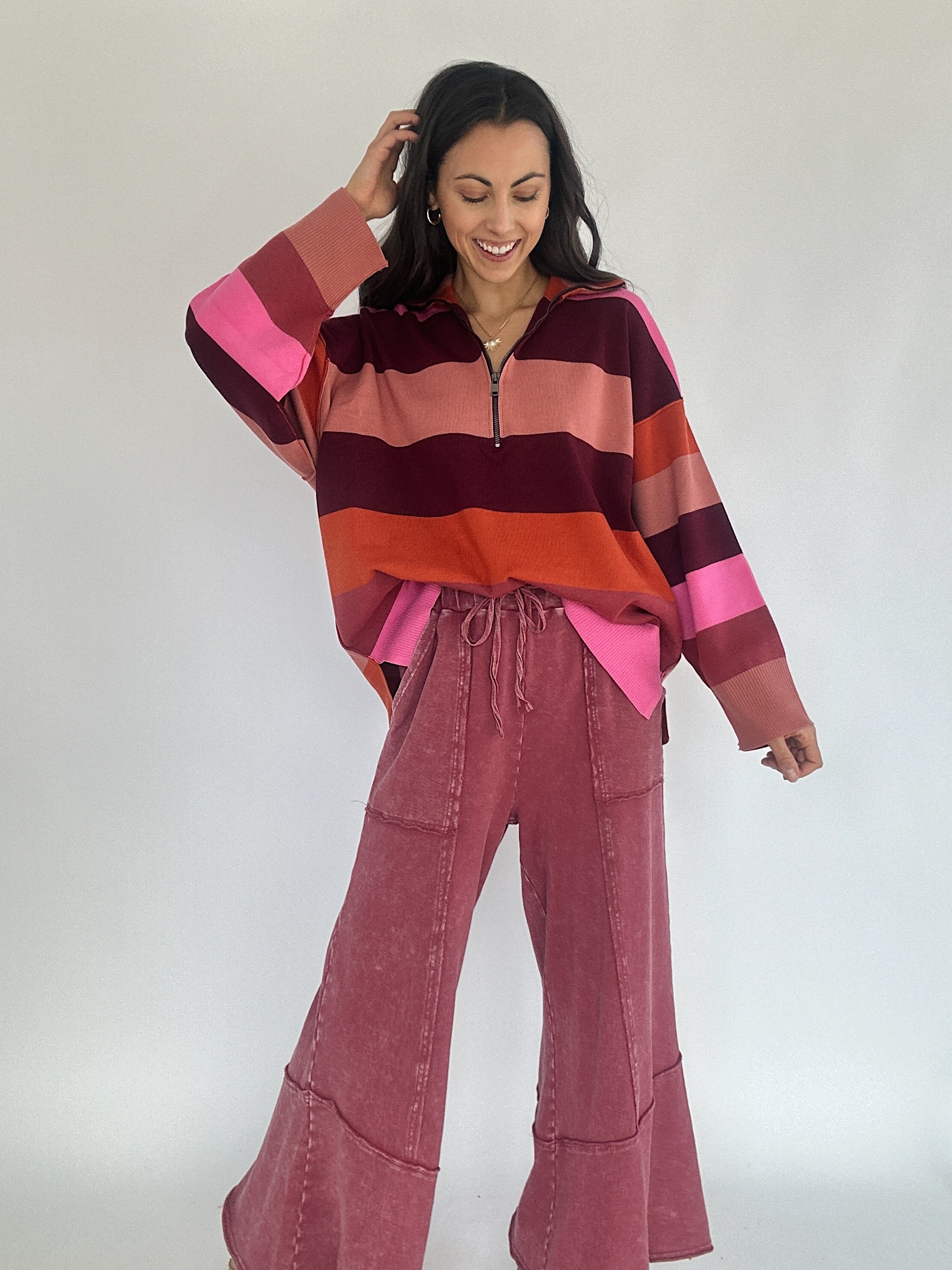 Back Road Wide Leg Pants Berry With Sweater