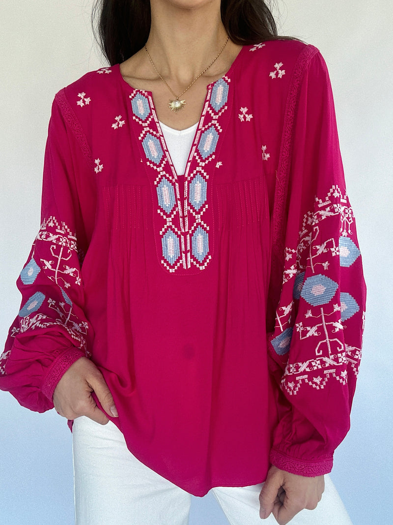 Duet Embroidered Top - Magenta