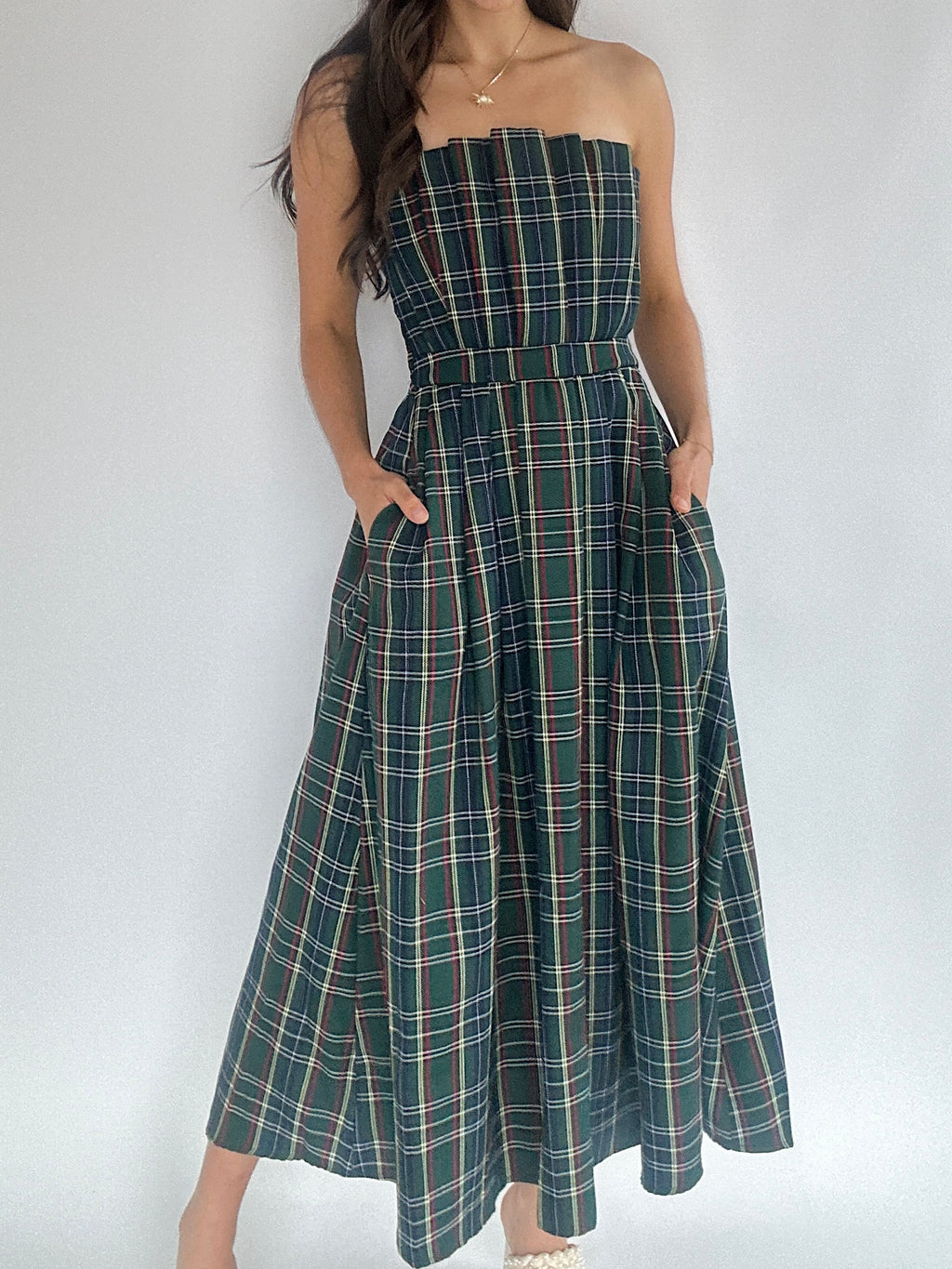 Etta Strapless Plaid Midi Dress - Green