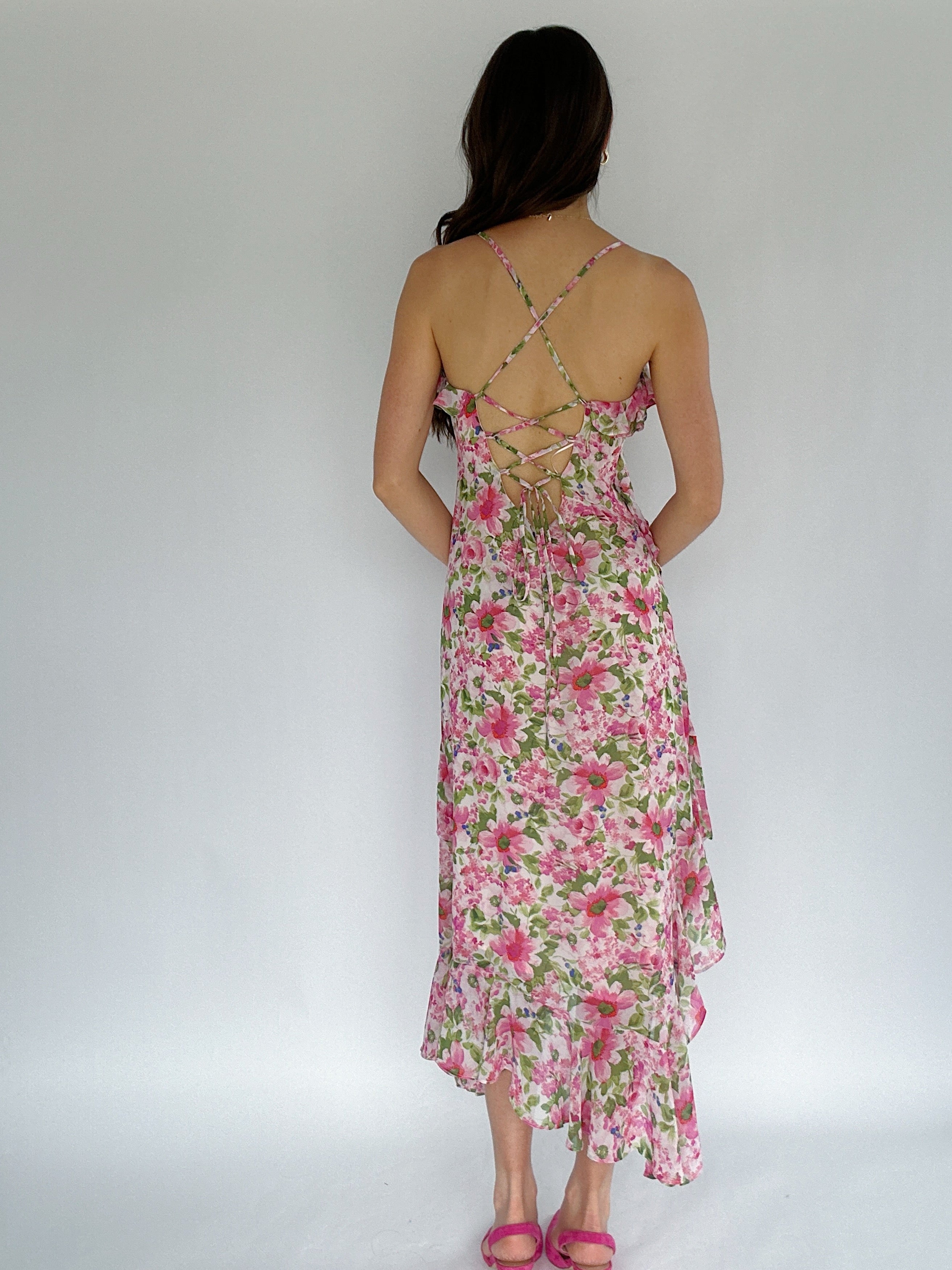 Carmine Rose Ruffled Midi Dress Back