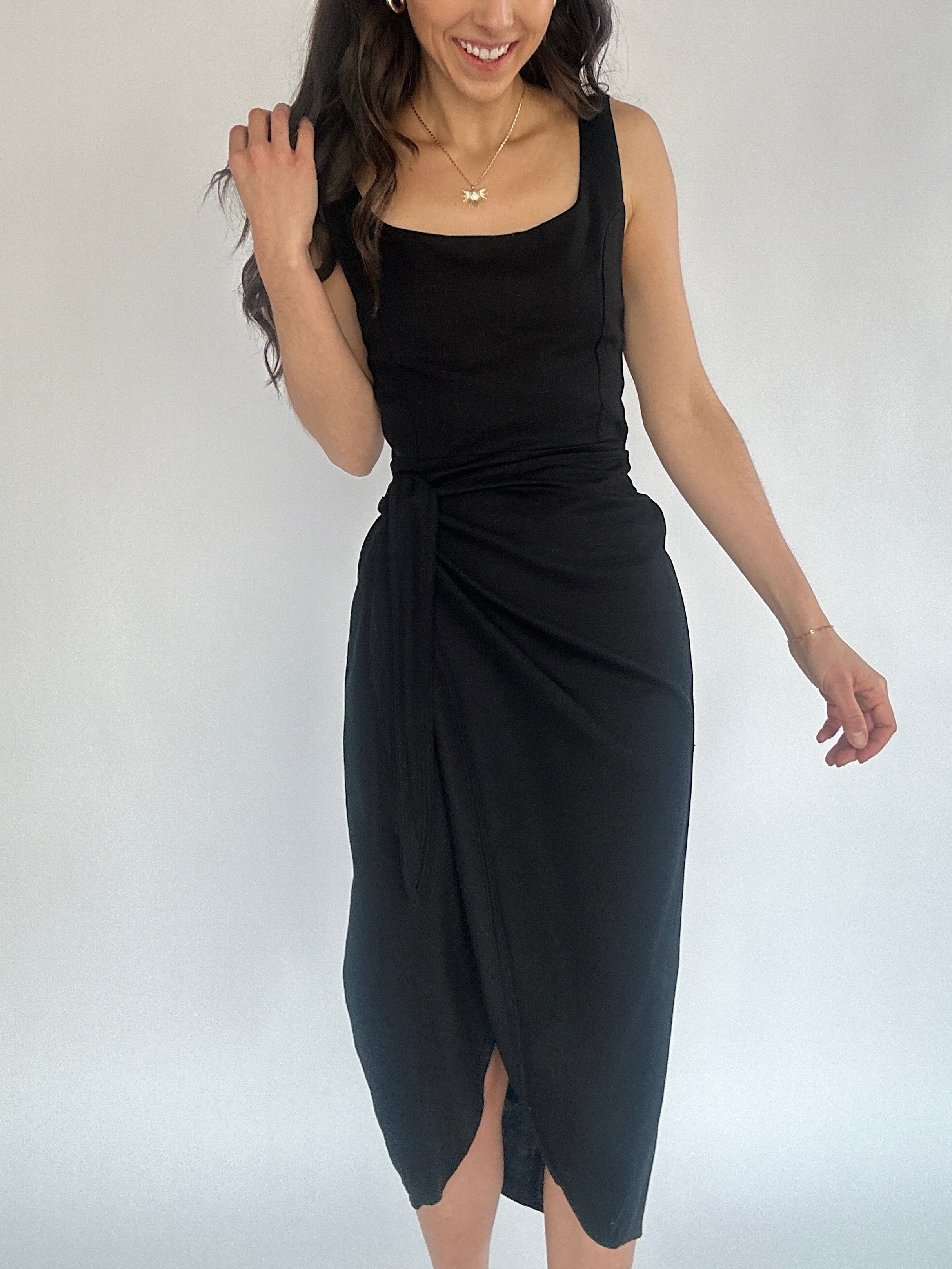 Charleston Wrap Midi Dress Black Front Close Up