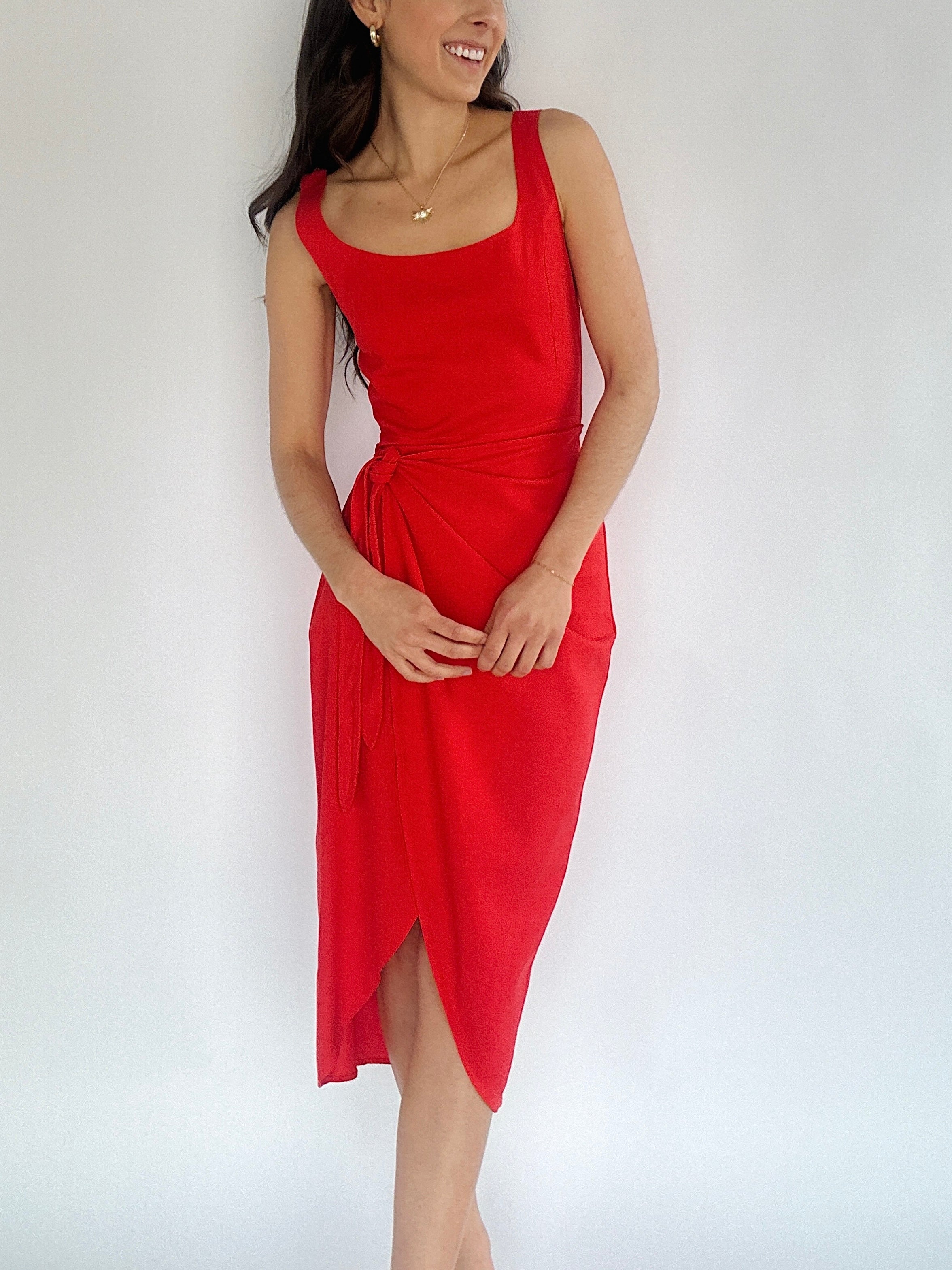 Charleston Wrap Midi Dress Red Front Up Close