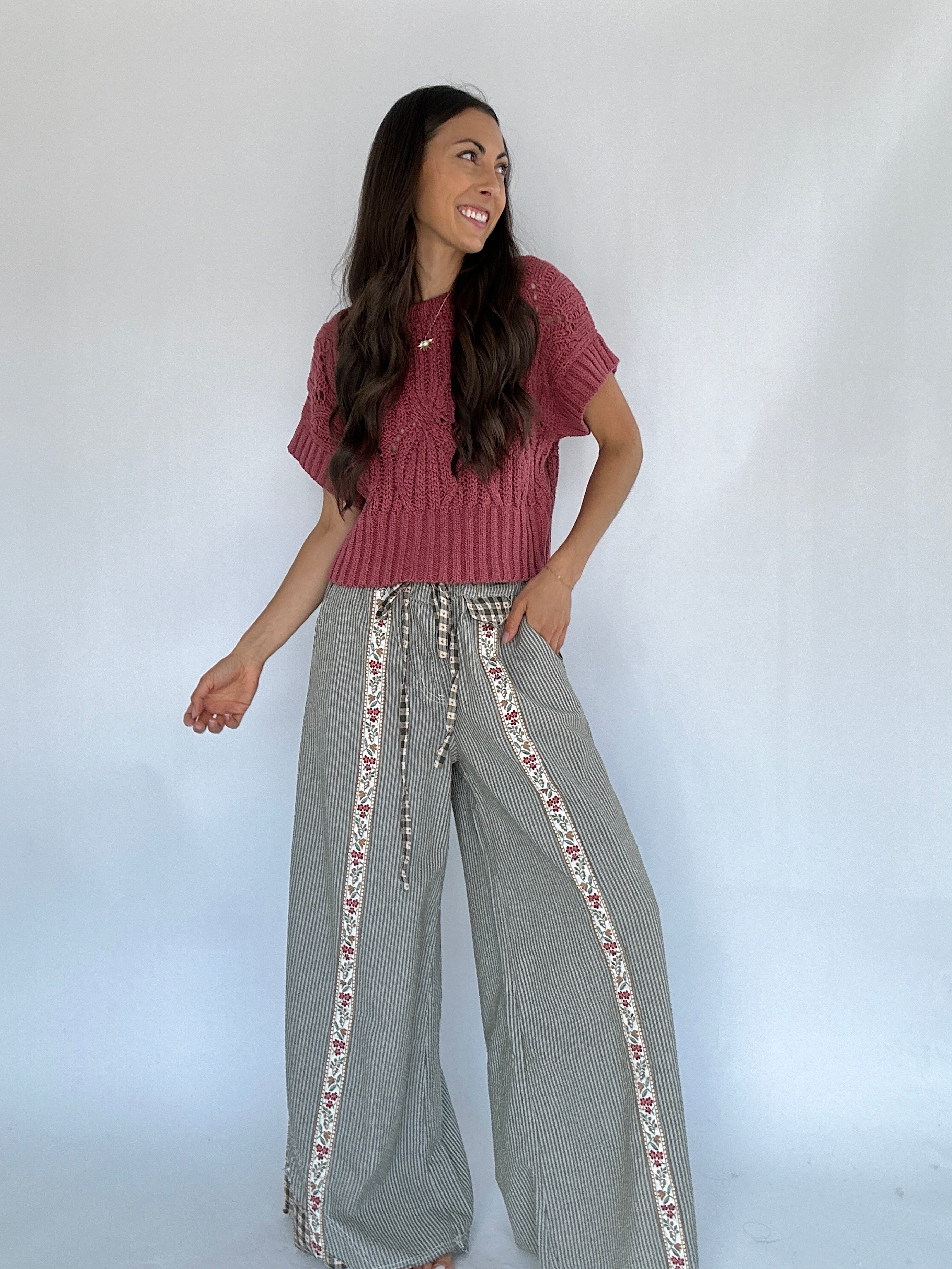 Clover Trail Wide Leg Pants With mauve sweater