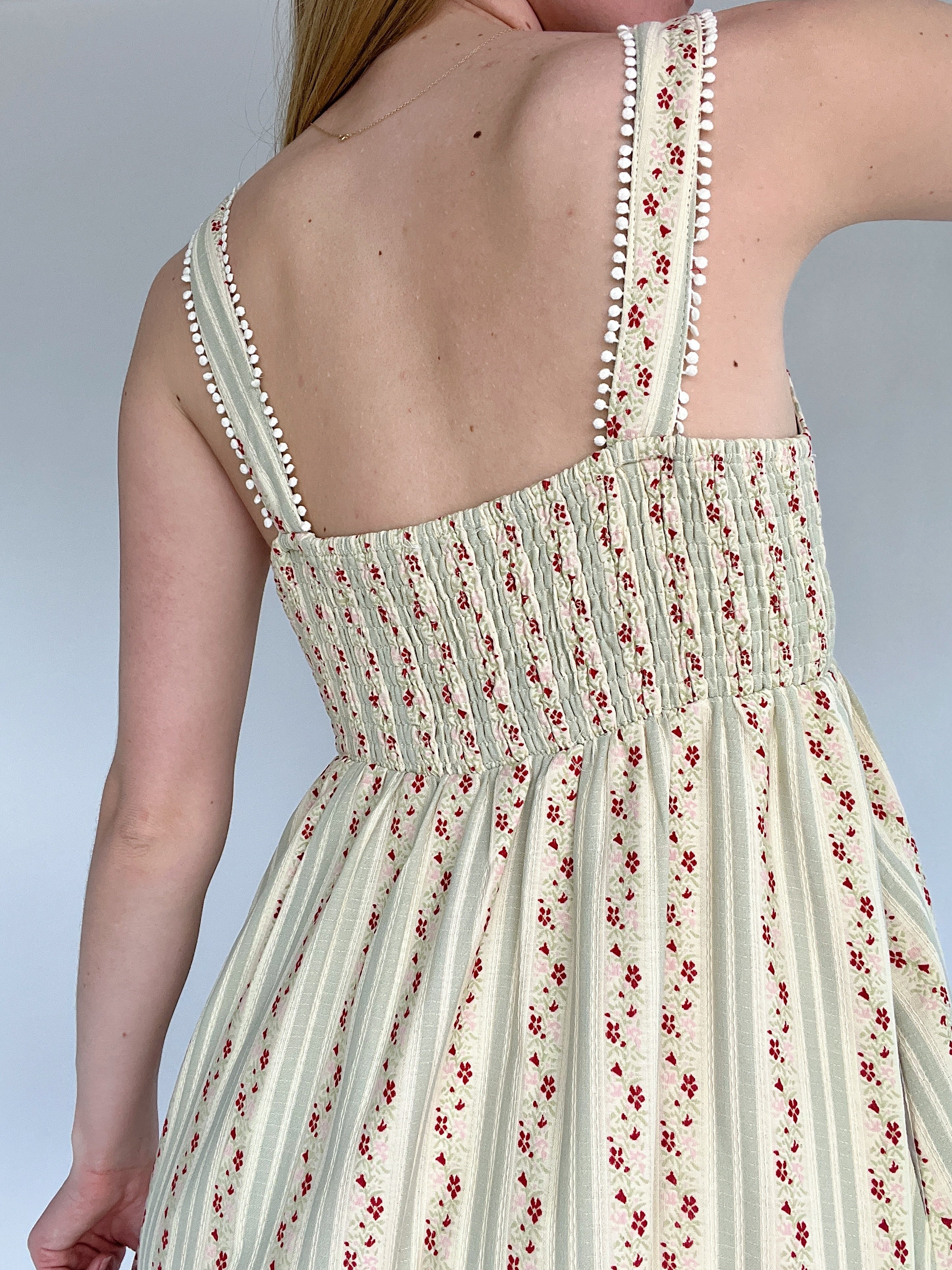 Cottage Core Floral Striped Midi Dress Back Detail