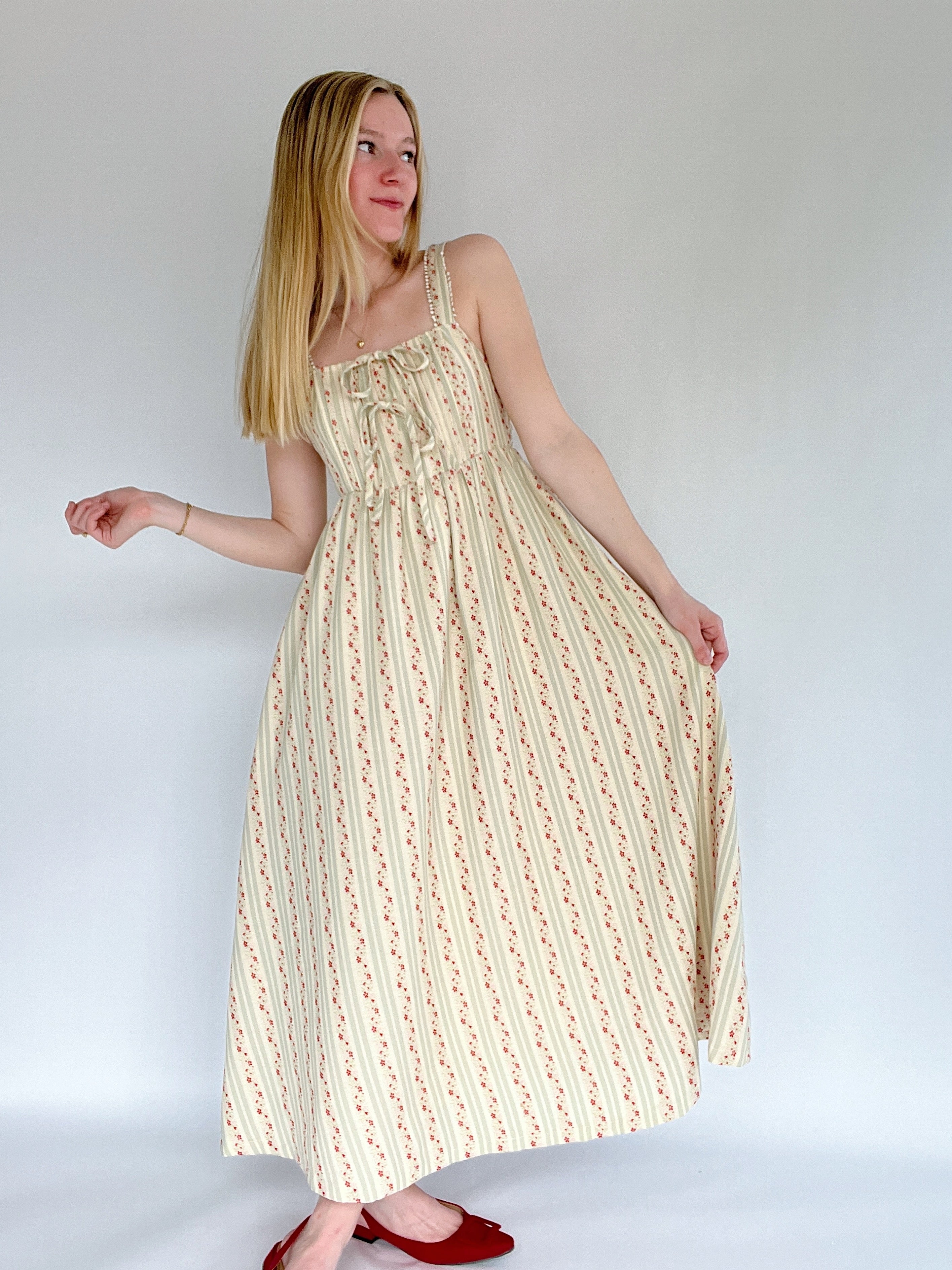 Cottage Core Floral Striped Midi Dress Front