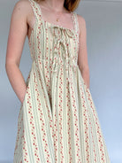 Cottage Core Floral Striped Midi Dress Pockets