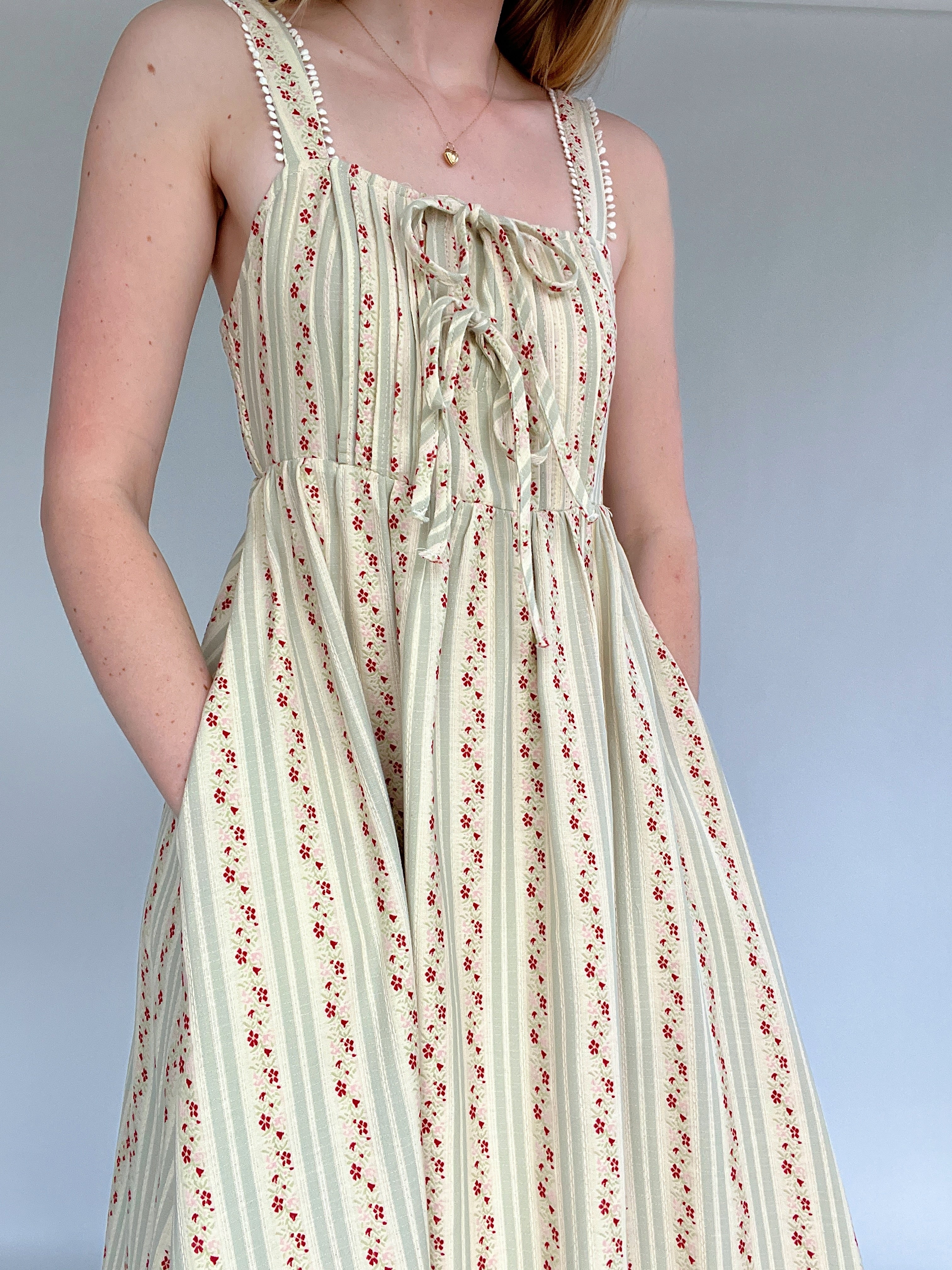 Cottage Core Floral Striped Midi Dress Pockets