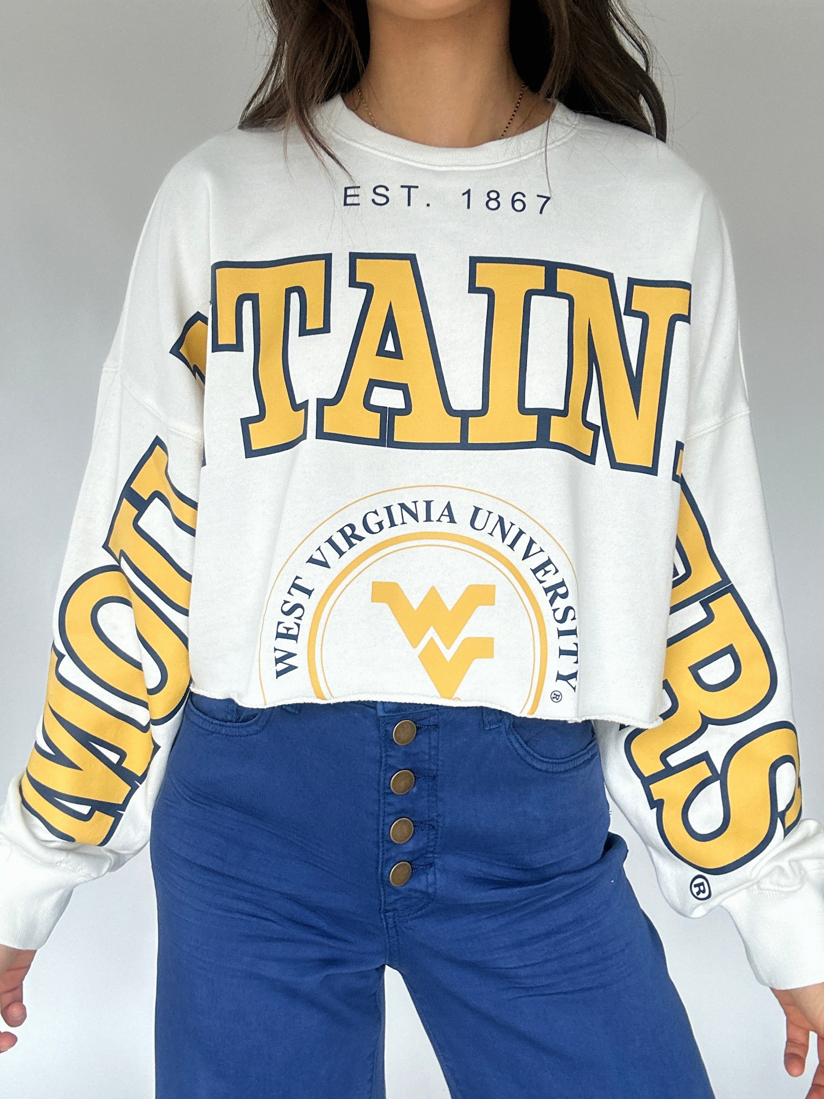 売れ筋商品|||ナイキ カットソー トップス レディース Women's White West Virginia Mountaineers Color-Block Oversized Cropped Pullover Sweatshirt White West Virginia Mountaineers Nike Women's Oversized Color