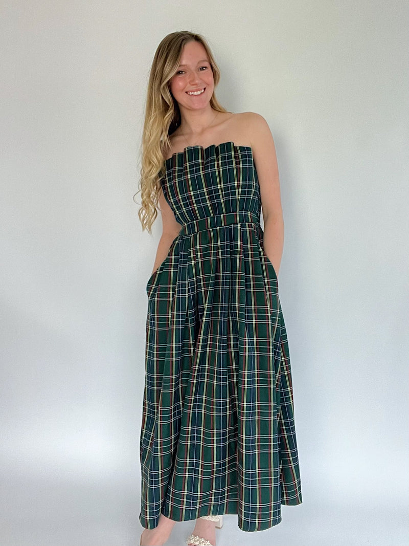 Etta Strapless Plaid Midi Dress - Green