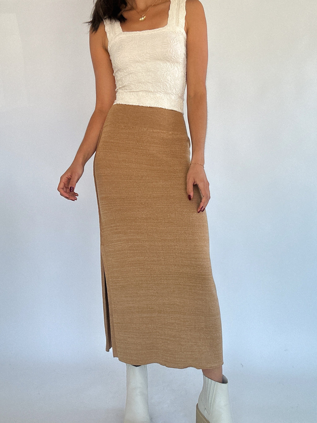 Que Sera Knit Midi Skirt - Camel