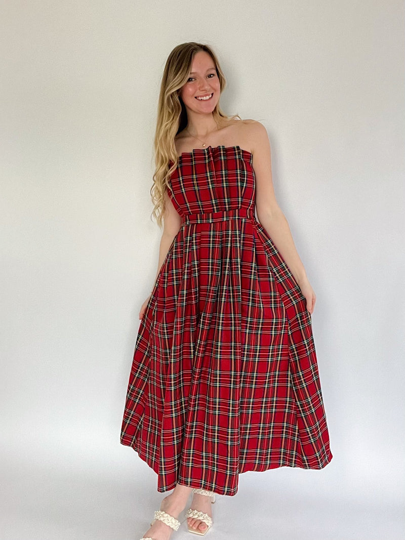 Etta Strapless Plaid Midi Dress - Red