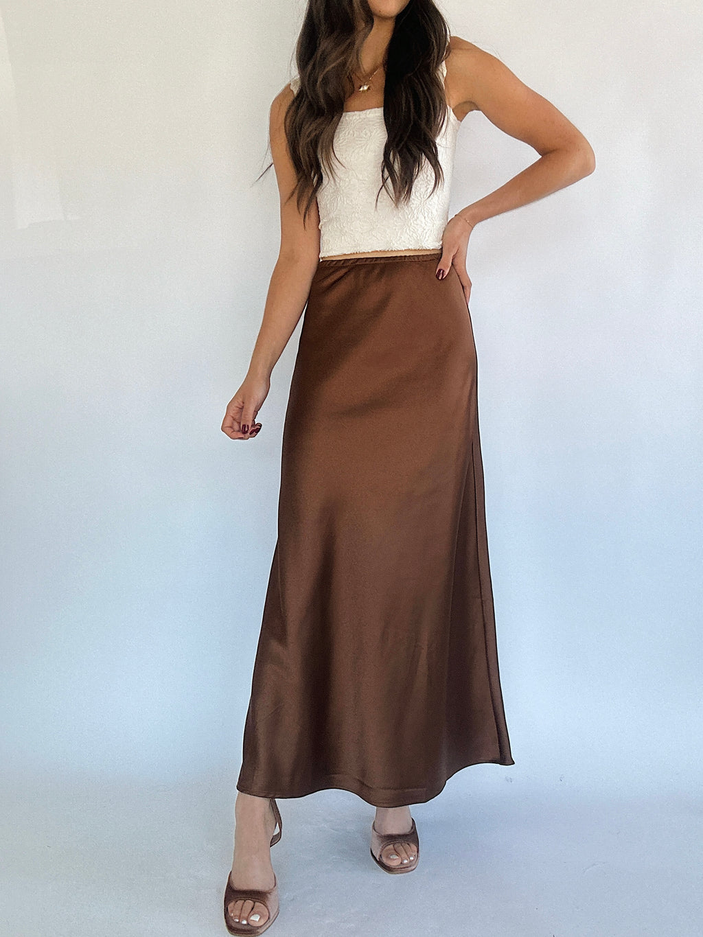 Follow On Satin Midi Skirt