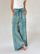 Person wearing teal wide-leg pants on a plain background