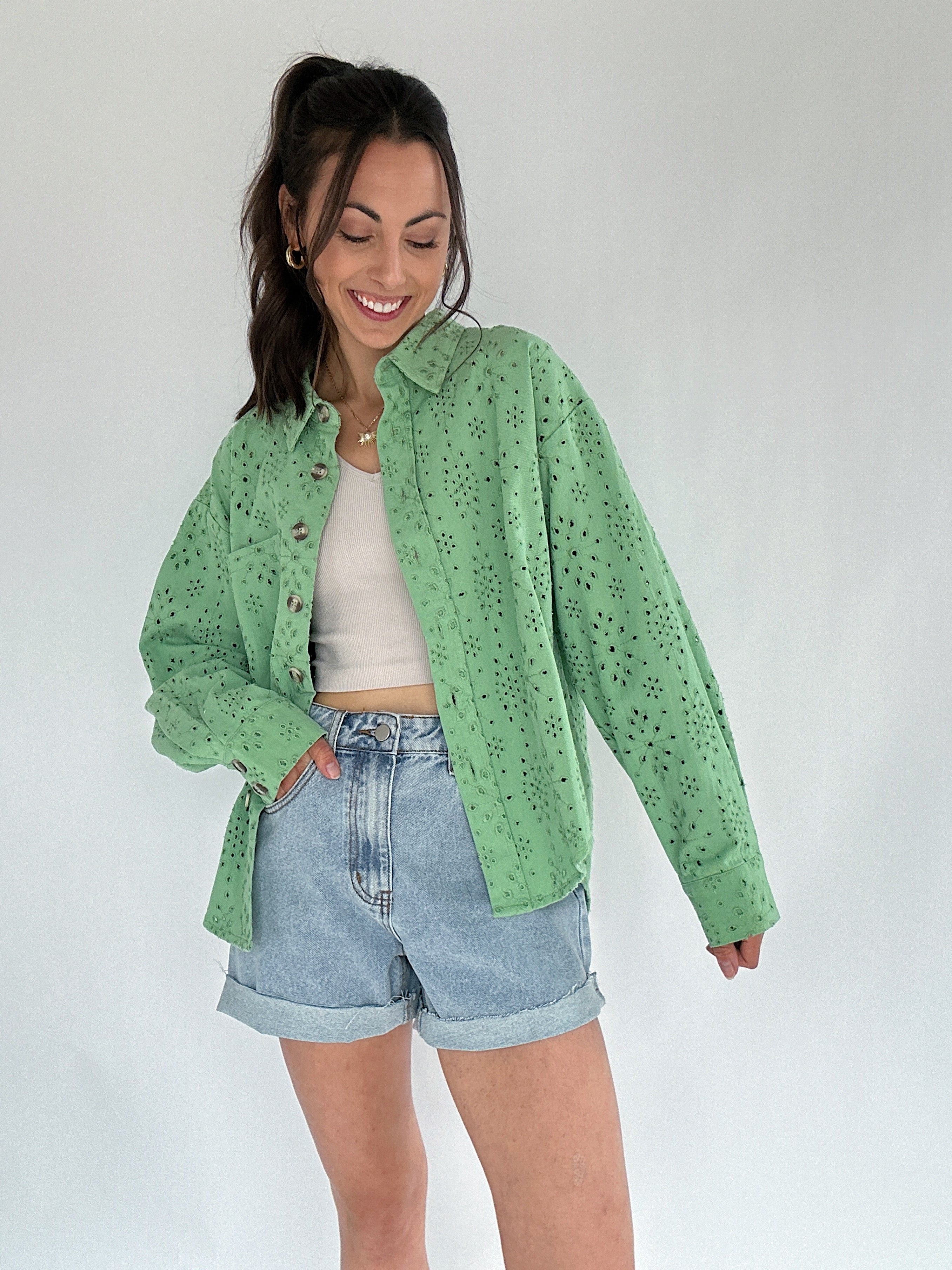 Donny Eyelet Jacket Basil Front