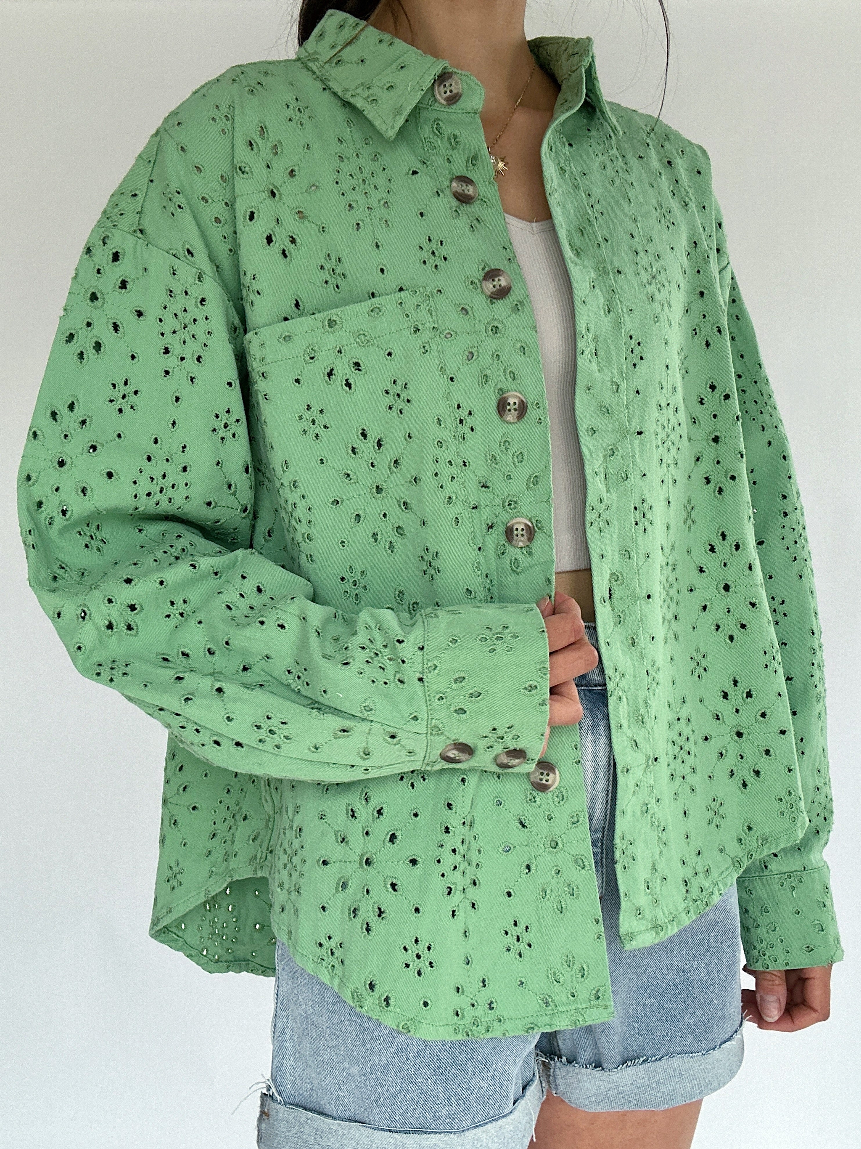 Donny Eyelet Jacket Basil Detail