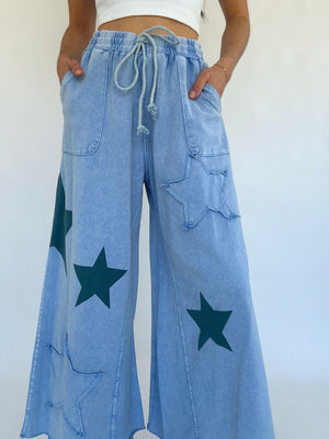 Starred Wide Leg Pants - Blue