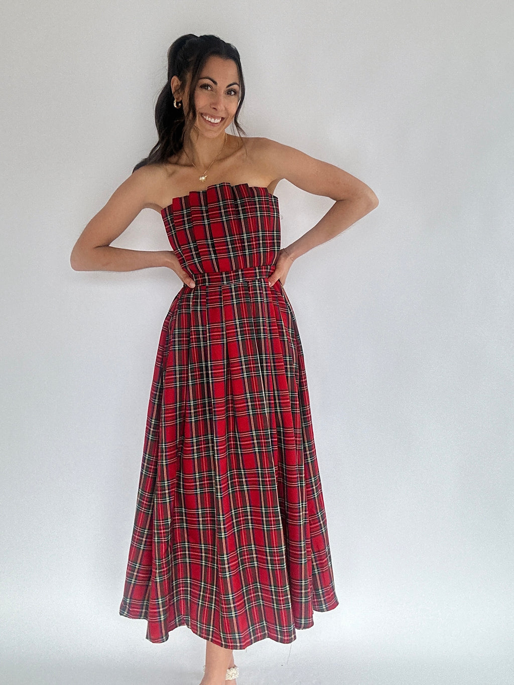 Etta Strapless Plaid Midi Dress - Red