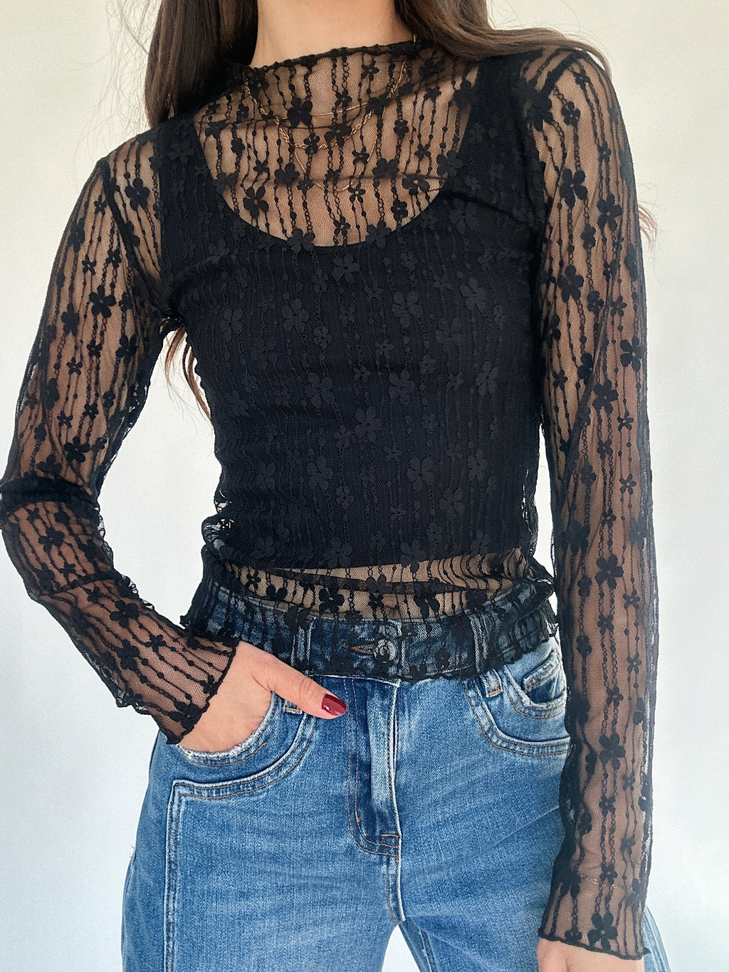 Twin Flame Sheer Lace Top - Black