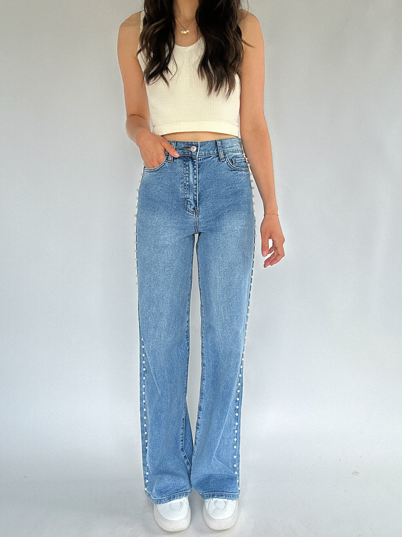 Pearl Studded Wide Leg Jeans