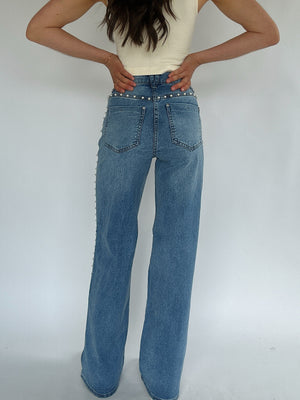 Pearl Studded Wide Leg Jeans